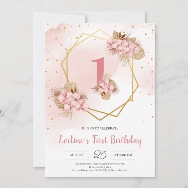 Invitación Boho Dried Palm Rubor Orquid Gold Primer cumpleaño (Anverso)