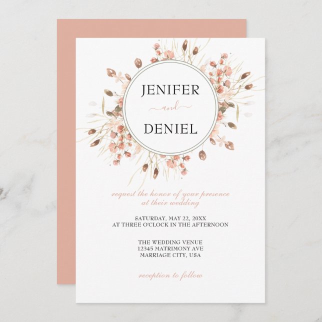 Invitación Boho Dried Watercolor Floral Wedding (Anverso / Reverso)