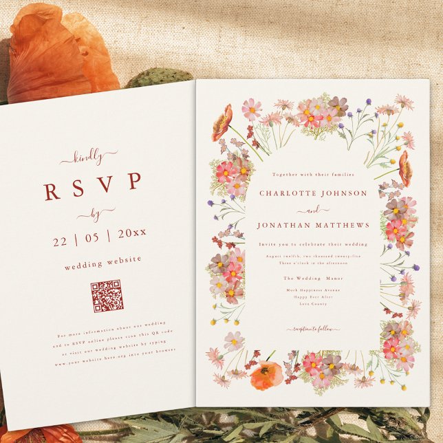 Invitación Boho Dried Wildflowers Wedding Fall Wedding (Boho wildflower fall wedding invitation with qr code)