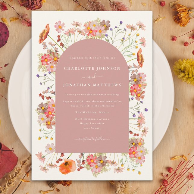 Invitación Boho Dried Wildflowers Wedding Fall Wedding (Wildflower boho dusty pink arch fall wedding inviation)
