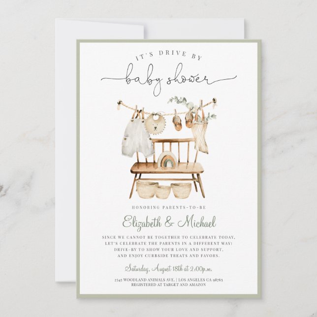 Invitación Boho Drive De Eucalyptus Green Neutral Baby Shower (Anverso)