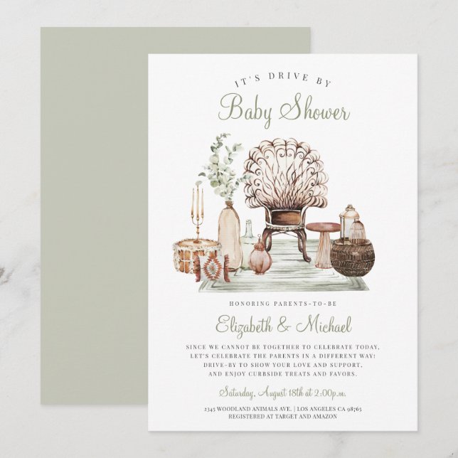 Invitación Boho Drive De Green Eucalyptus Baby Shower Invitat (Anverso / Reverso)