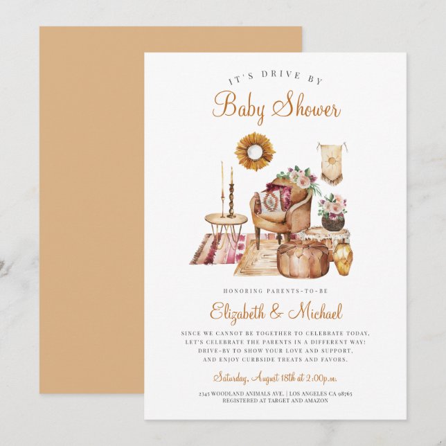 Invitación Boho Drive Por Terracotta Neutral Baby Shower (Anverso / Reverso)
