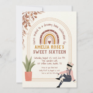 Invitación Boho Dulce Dieciséis con arcoiris y floral rústica