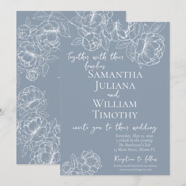 Invitación Boho Dusty Blue Botanical Floral Moderno Boda (Anverso / Reverso)