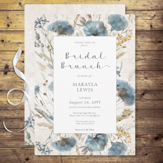 Invitación Boho Dusty Blue & Brown Floral Bridal Brunch (Boho Dusty Blue & Brown Floral Bridal Brunch Invitation)