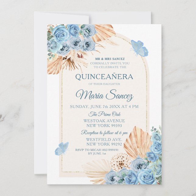 Invitación Boho Dusty Blue Chica mexicana Quinceañera (Anverso)