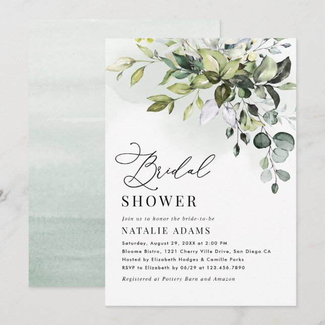 Invitación Boho Dusty Blue Eucalyptus Greenery Bridal Shower (Anverso / Reverso)