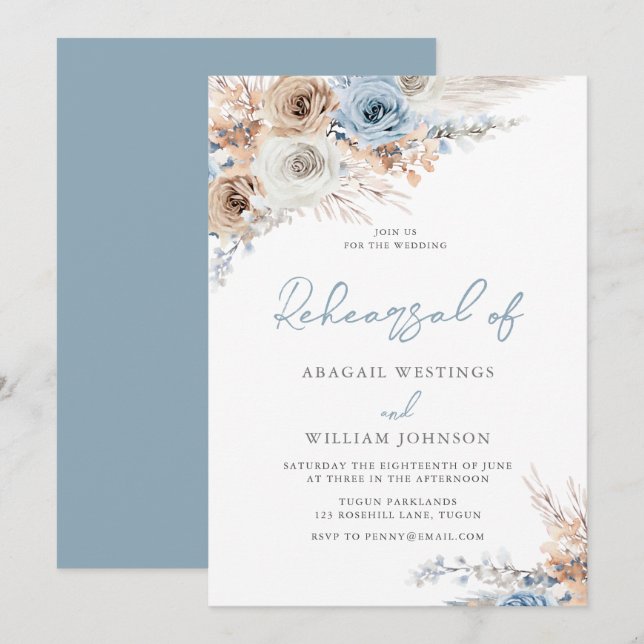 Invitación Boho Dusty Blue Floral Boda Ensayo Cena (Anverso / Reverso)