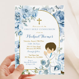 Invitación Boho Dusty Blue Floral Boy Rezando Primera Comunió