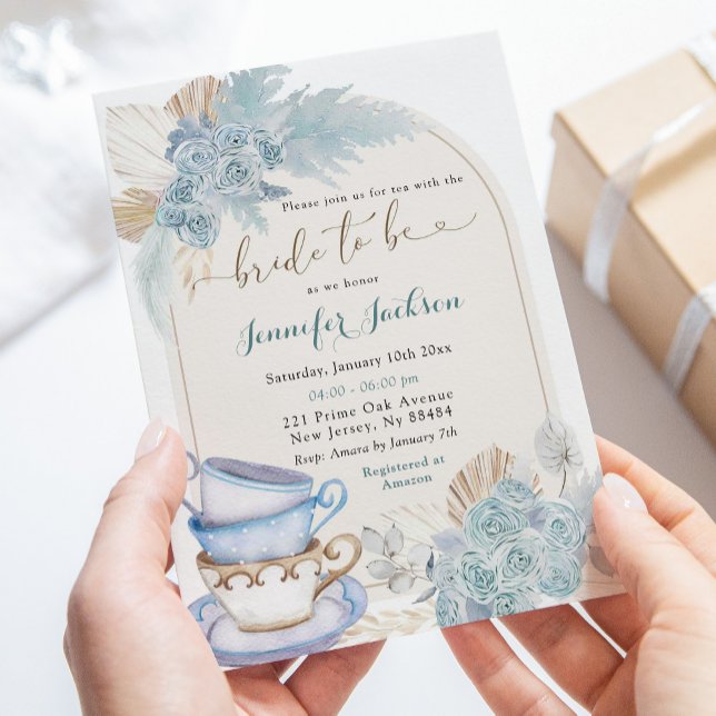 Invitación Boho Dusty Blue Floral Bridal Shower Tea Fiesta (Subido por el creador)