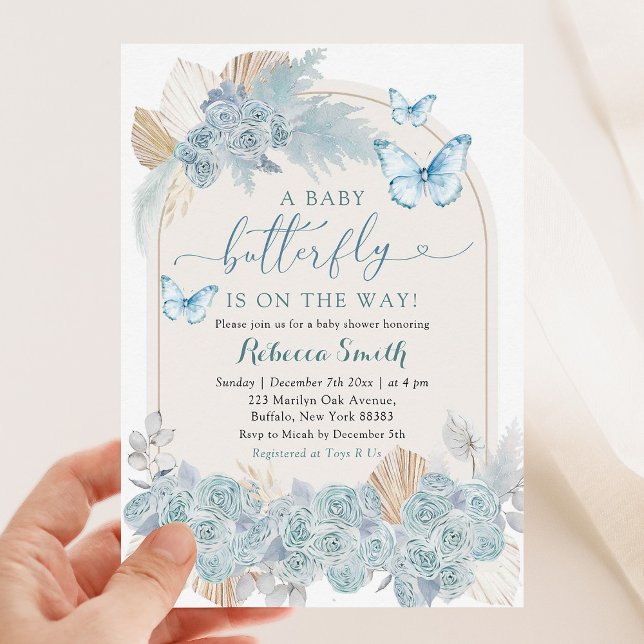 Invitación Boho Dusty Blue Floral Butterfly Baby Shower (Subido por el creador)