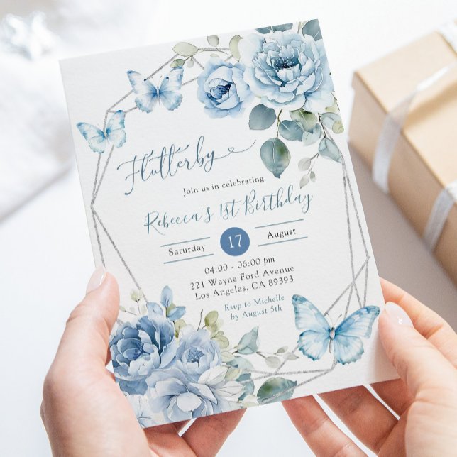Invitación Boho Dusty Blue Floral Butterfly Cumpleaños (Subido por el creador)