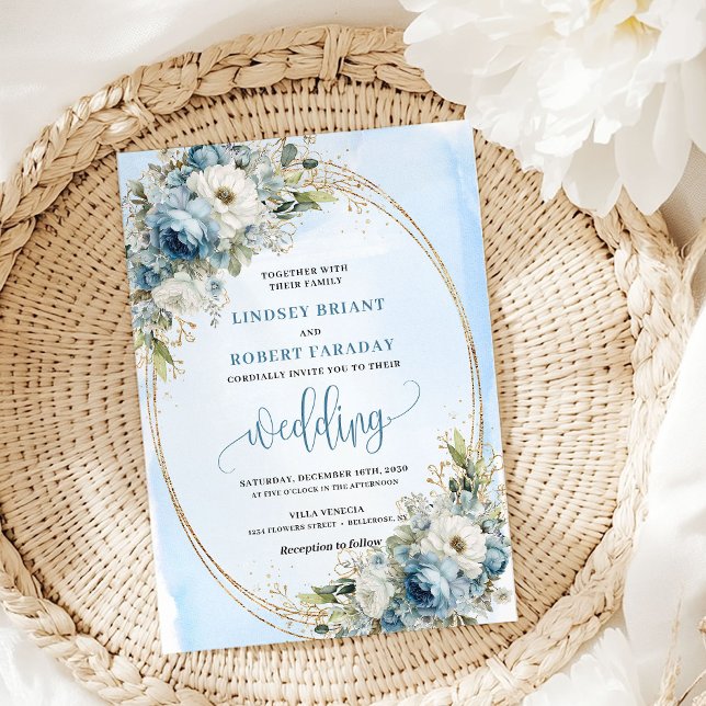Invitación Boho Dusty Blue Floral Gold Wedding Invitation (Boho Dusty Blue Floral Gold Wedding Invite)