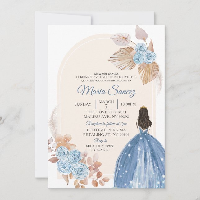 Invitación Boho Dusty Blue Floral Mexicana Quinceañera Invita (Anverso)