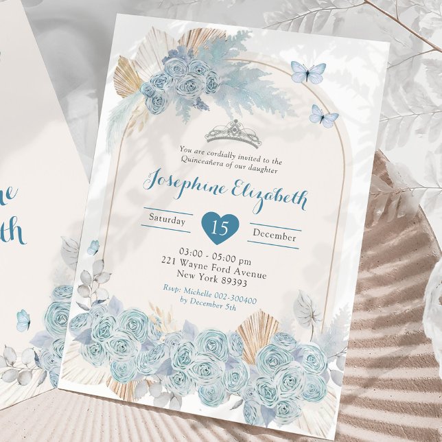 Invitación Boho Dusty Blue Floral Pampas Chica Quinceañera (Subido por el creador)