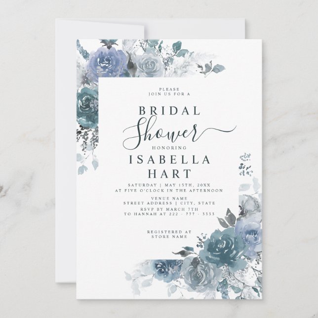 Invitación Boho Dusty Blue Floral Pastel Slate Bridal Shower (Anverso)