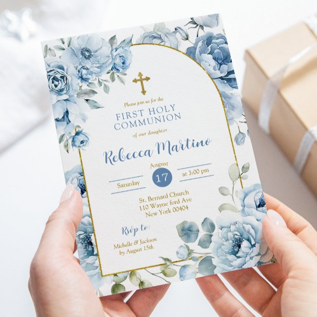 Invitación Boho Dusty Blue Floral Primera Santa Comunión (Subido por el creador)