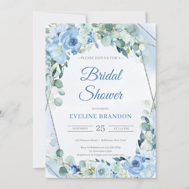 Invitación Boho Dusty Blue Floral Silver Gémetric Bridal (Anverso)