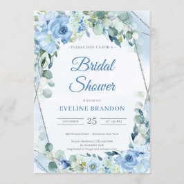 Invitación Boho Dusty Blue Floral Silver Gémetric Bridal