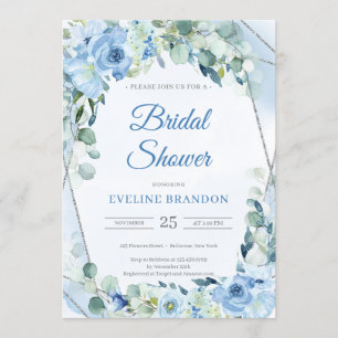 Invitación Boho Dusty Blue Floral Silver Gémetric Bridal