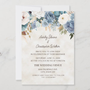 Invitación Boho Dusty Blue Flores Blancas Crema Boda