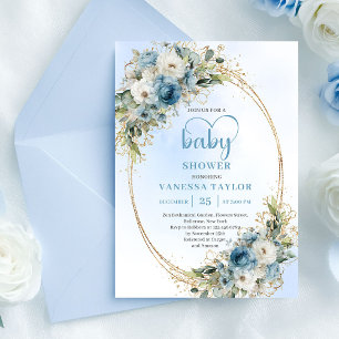 Invitación Boho Dusty Blue Flores Gold Escritura Baby Shower 