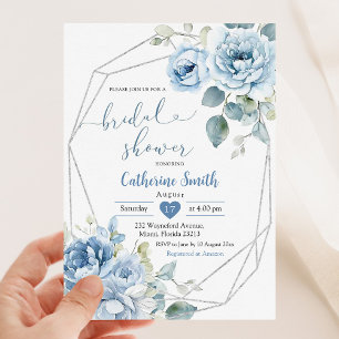 Invitación Boho Dusty Blue Flowers ducha geométrica de novia