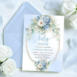 Invitación Boho Dusty Blue Flowers Eucalyptus Gold Baby Showe
