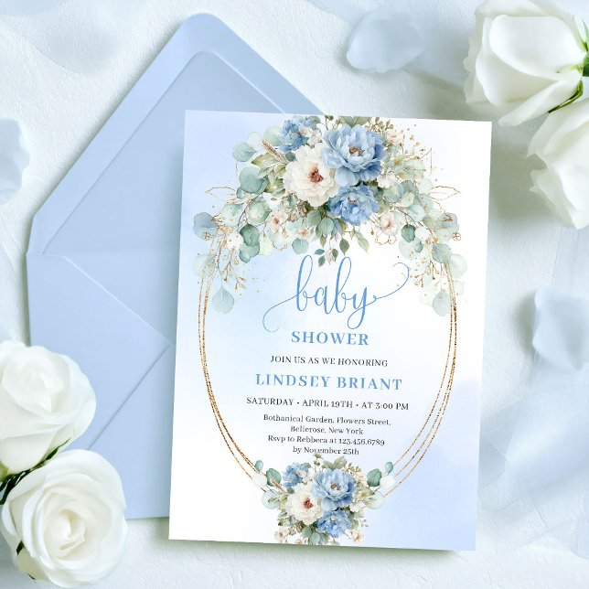 Invitación Boho Dusty Blue Flowers Eucalyptus Gold Baby Showe (Boho Dusty Blue Flowers Eucalyptus Gold Baby Shower)