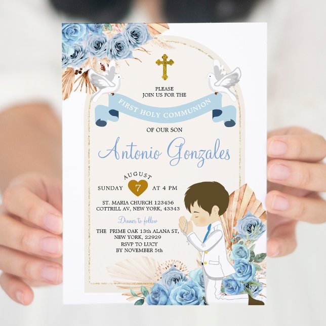 Invitación Boho Dusty Blue Flowers Niño Primera Santa Comunió (Subido por el creador)