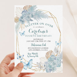Invitación Boho Dusty Blue Flutter sobre el cumpleaños de la