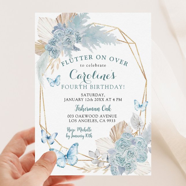 Invitación Boho Dusty Blue Flutter sobre el cumpleaños de la  (Subido por el creador)