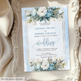 Invitación Boho Dusty Blue Gold Flowers Invita a la boda