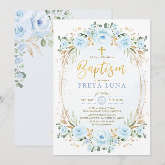 Invitación Boho Dusty Blue Gold Garden Bautismo floral (Anverso / Reverso)