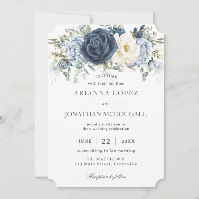 Invitación Boho Dusty Blue Navy Boda de Marfil Floral (Anverso)