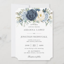 Invitación Boho Dusty Blue Navy Boda de Marfil Floral