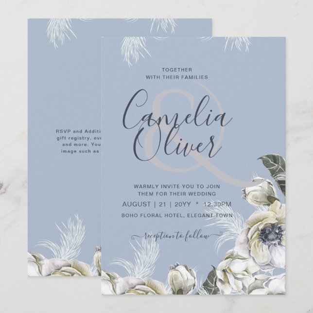 Invitación BOHO Dusty Blue Pampas Boda Floral (Anverso / Reverso)