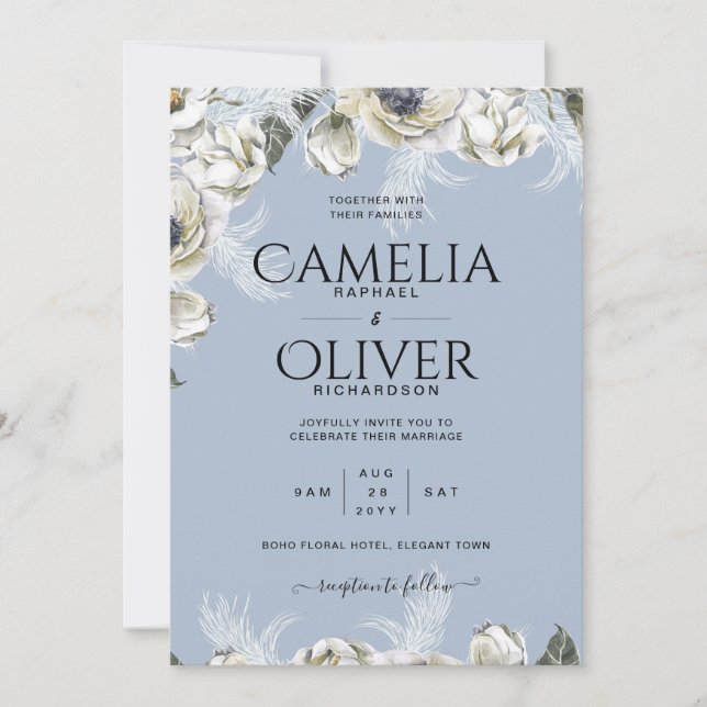 Invitación BOHO Dusty Blue Pampas Boda Floral (Anverso)