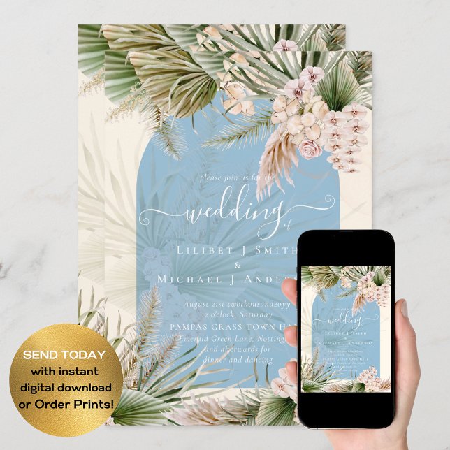 Invitación BOHO Dusty Blue Peach Pampas Grass Boda (Subido por el creador)