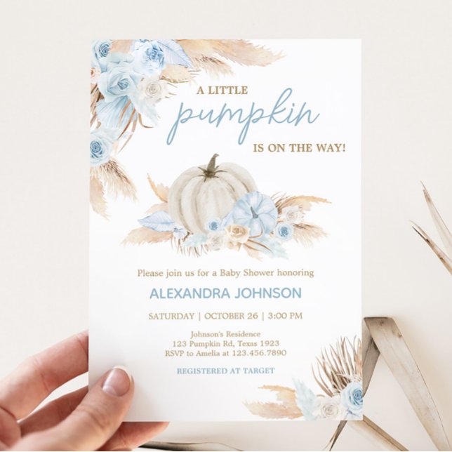 Invitación Boho Dusty Blue Pumpkin Baby Shower (Boy Little Pumpkin Baby Shower Invitation)