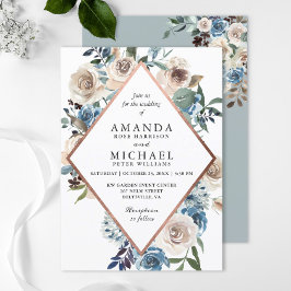 Invitación Boho Dusty Blue Rustic Floral Rosa Gold Boda