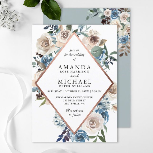 Invitación Boho Dusty Blue Rustic Floral Rosa Gold Boda (Subido por el creador)