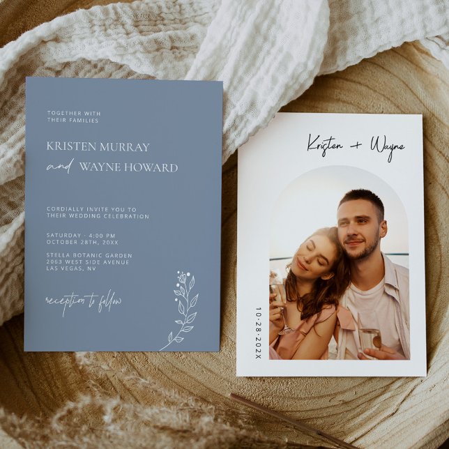 Invitación Boho Dusty Blue Simple Elegant Photo Boda (Subido por el creador)
