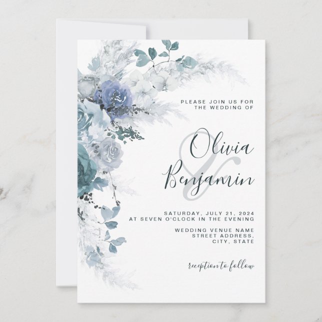 Invitación Boho Dusty Blue Slate Pastel Floral Pampas Boda (Anverso)