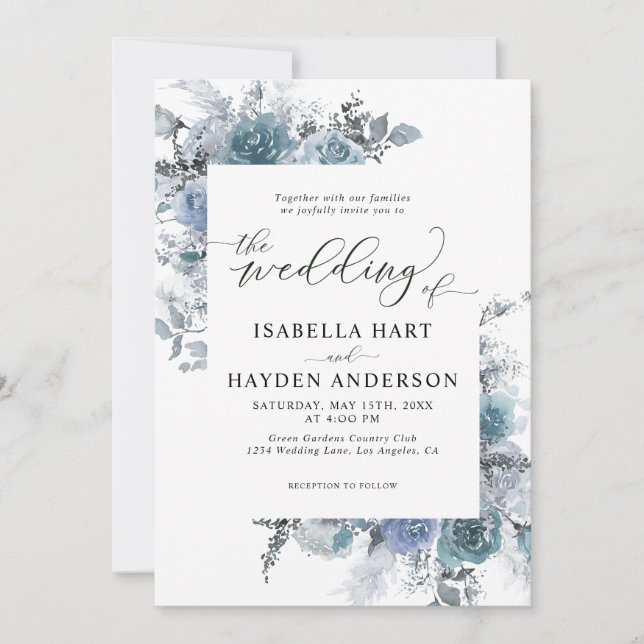 Invitación Boho Dusty Blue Slate Pastel Pampas Boda Floral (Anverso)