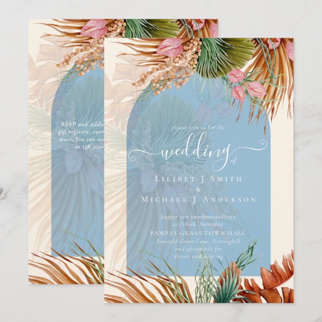Invitación BOHO Dusty Blue Tropical Pampas Grass Boda (Anverso / Reverso)
