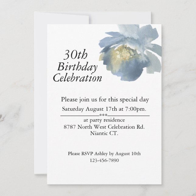 Invitación Boho Dusty Blue Watercolor Rosa 30 cumpleaños (Anverso)