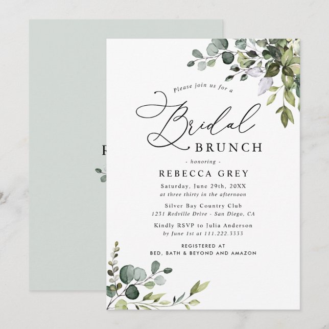 Invitación Boho Dusty Blue Watercolor Verde Brunch Bridal (Anverso / Reverso)