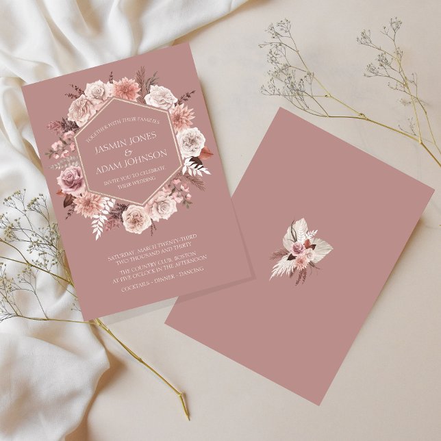 Invitación Boho Dusty Boda de guirnalda floral rosa (Boho Dusty Pink Floral Wreath Wedding Invitation)